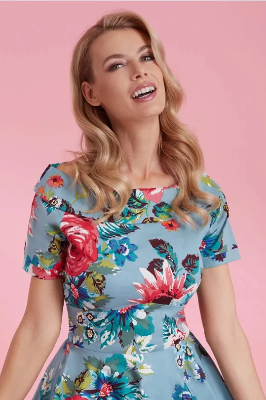 Darlene Authentic Vintage-Inspired Swing Dress in Blue Floral by Dolly and Dotty