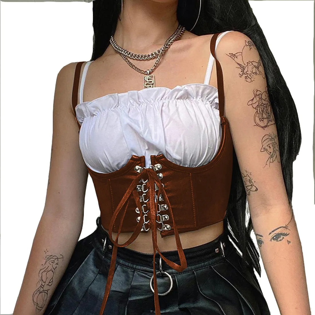 Fashionkova  Streetwear Gothic Dark PU Leather Crop Top Women Hook Lace Up Punk Style Tank Top Cummerbunds Corset Tops To Wear Out