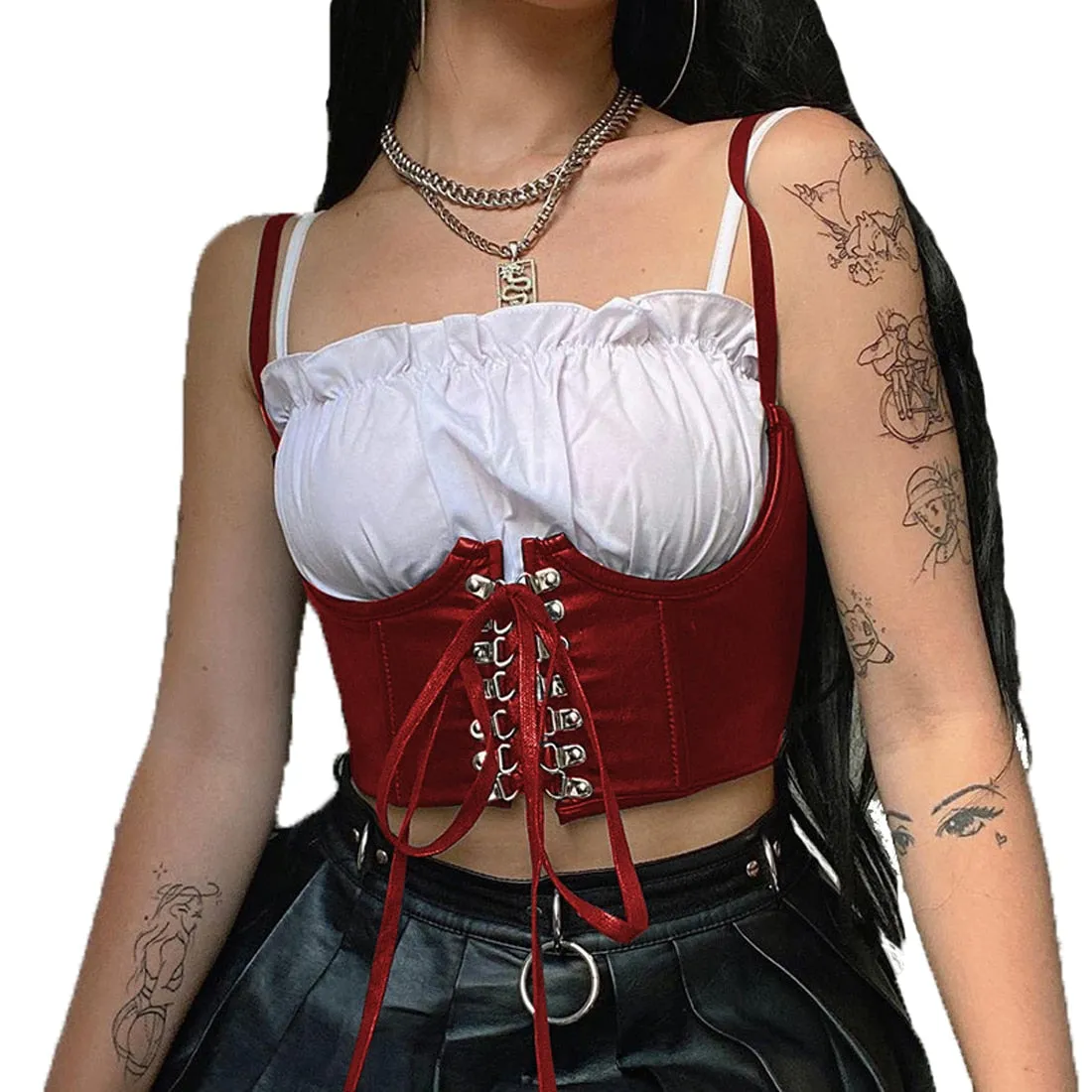 Fashionkova  Streetwear Gothic Dark PU Leather Crop Top Women Hook Lace Up Punk Style Tank Top Cummerbunds Corset Tops To Wear Out