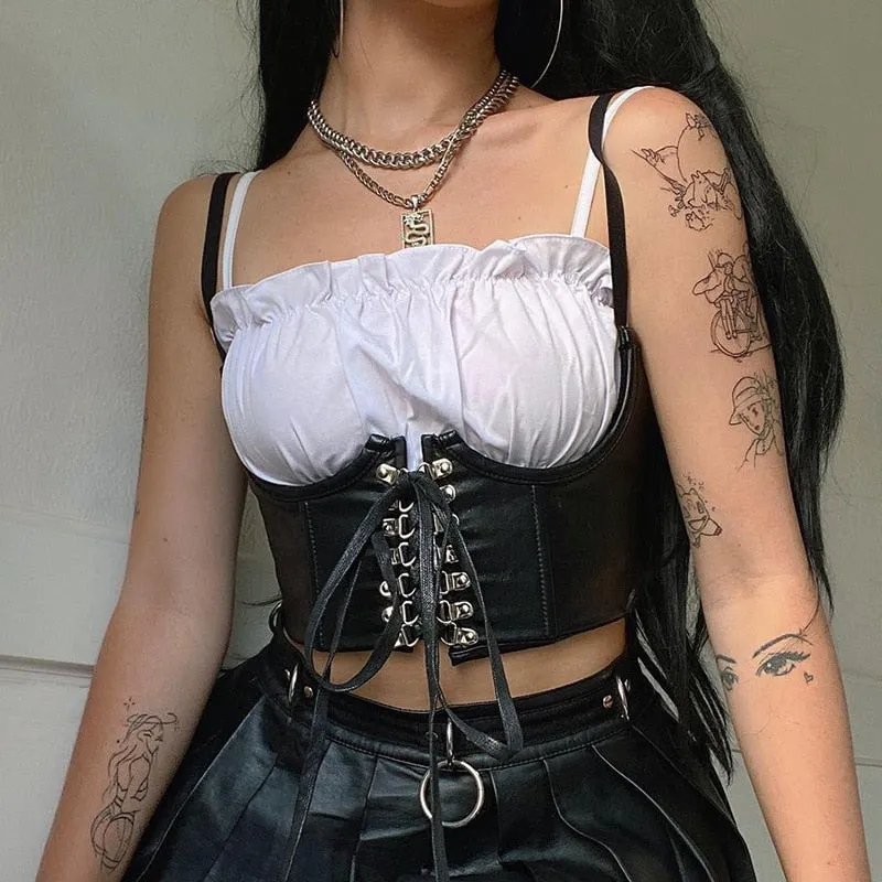 Fashionkova  Streetwear Gothic Dark PU Leather Crop Top Women Hook Lace Up Punk Style Tank Top Cummerbunds Corset Tops To Wear Out