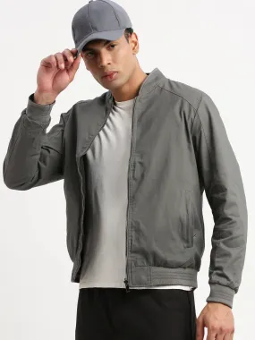 Men Mandarin Collar Grey Solid Reversible Bomber Jacket